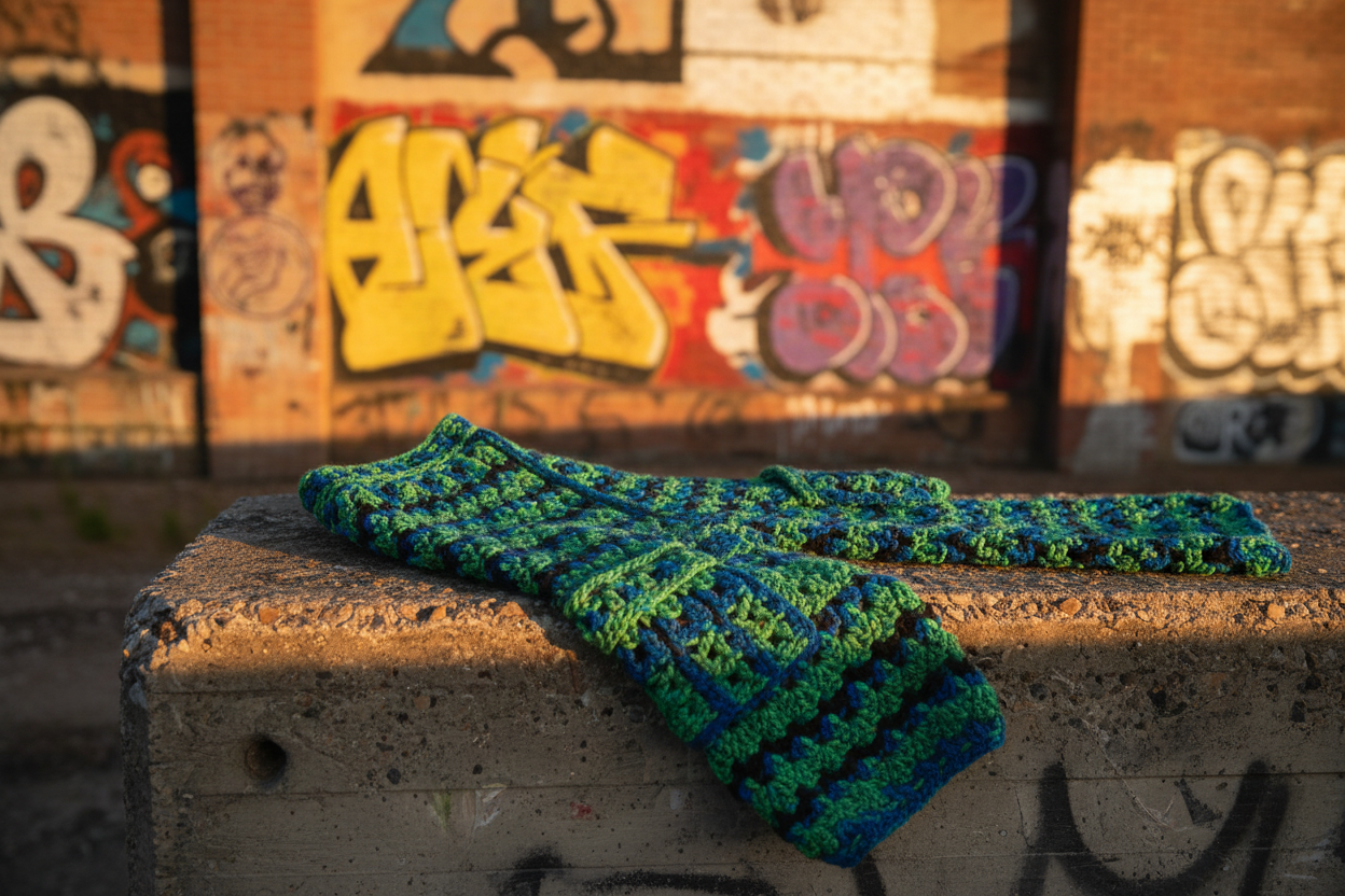 create an image of a pair of green, blue and black crochet cargo pants draped horizontally across a concrete structure in an industrial area with graffiti in the background. Give the photo a warm, fun and creative tone that entices someone to pick up the pants